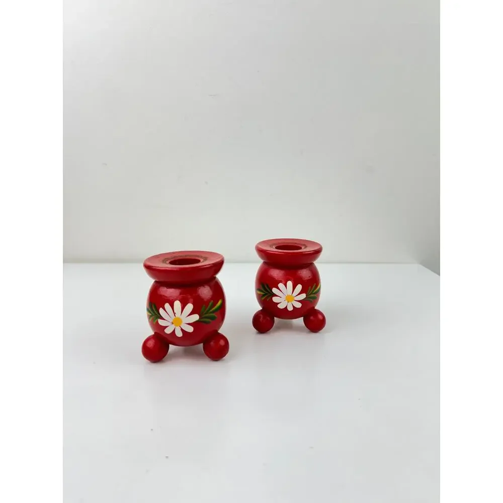 Vintage Swedish Red Candlestick Holders Wooden Flowers Hand Painted Set of 2